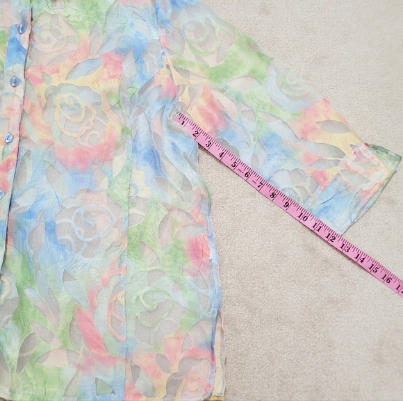 Erin London Sheer ButtonUp Blouse XL Pastel Floral Print Long Sleeve Lightweight - Picture 8 of 13